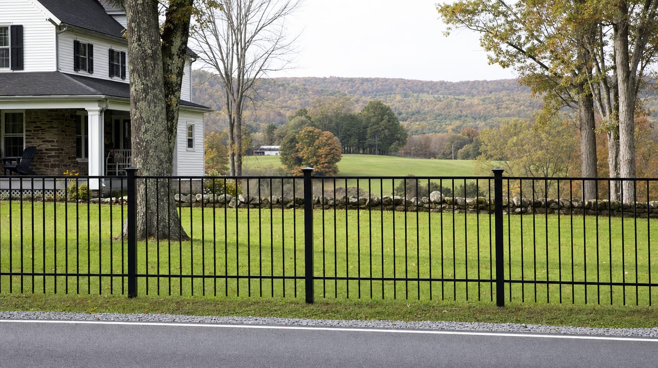 A black aluminum ornamental fence running along a front property line in Amenia, NY