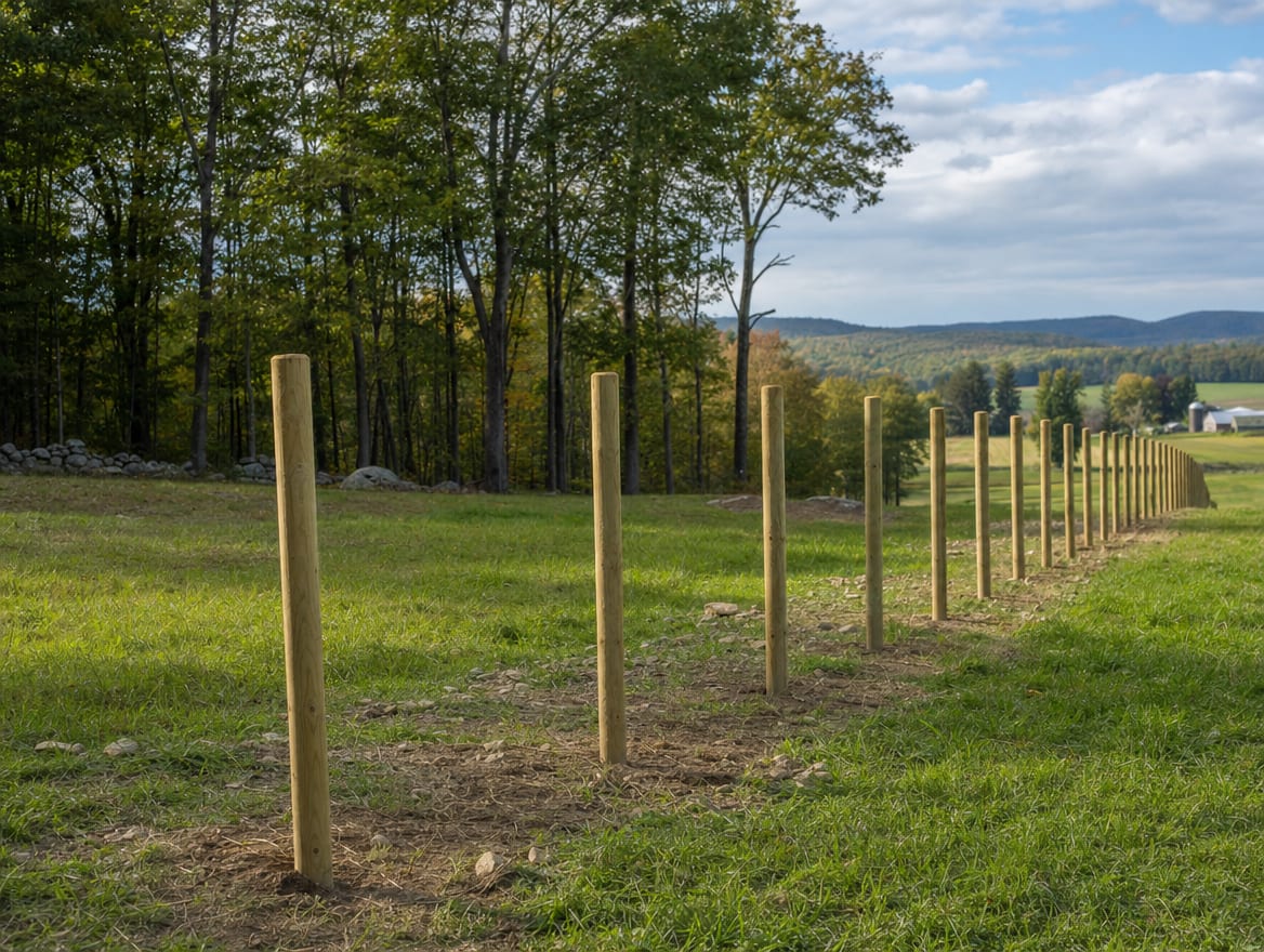 A fence installation in progress with newly set posts in Amenia, NY