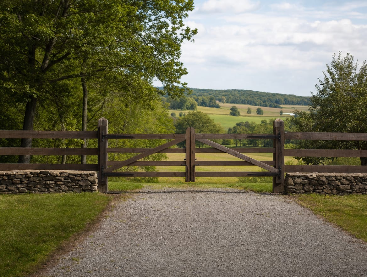 A wood driveway gate set into a fence at the entrance of a country property in Amenia, NY