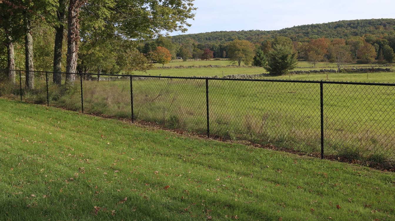 A chain link fence running along a rear property line of a backyard in Amenia, NY