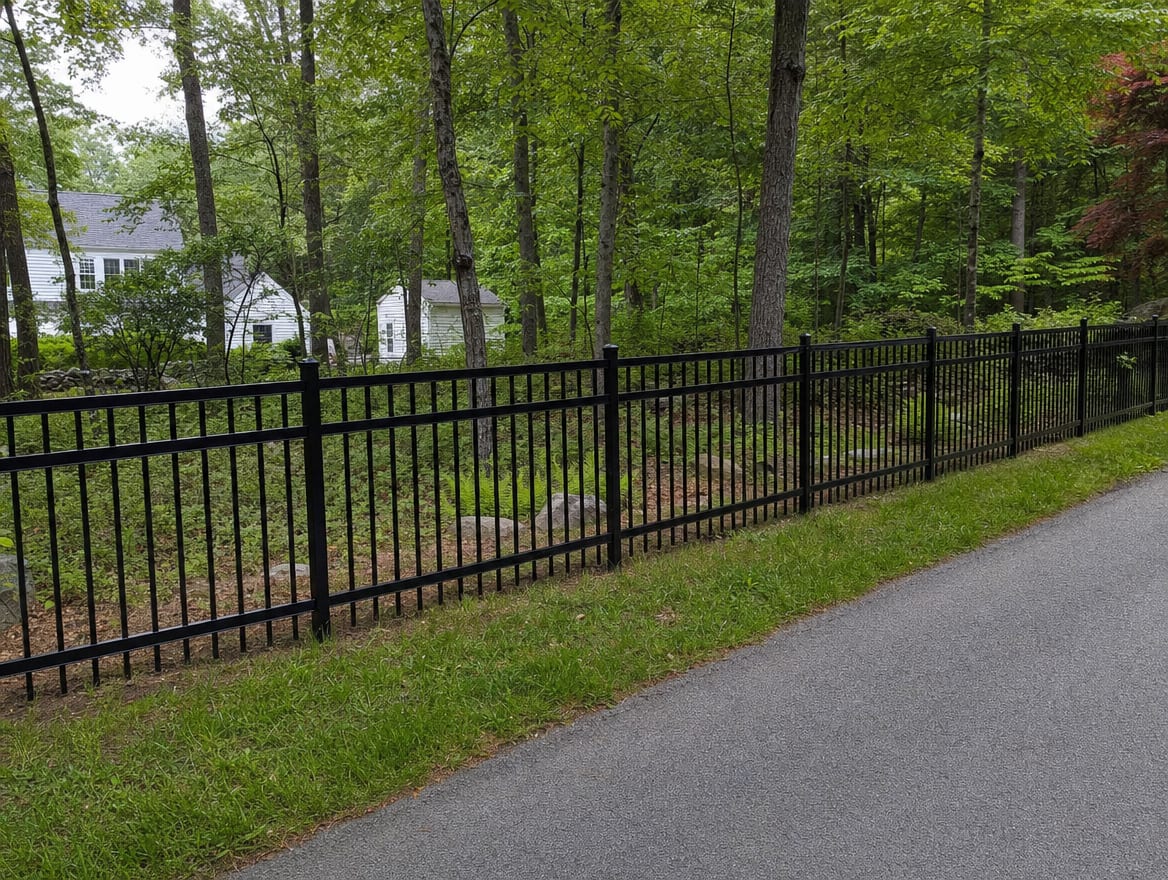 A black aluminum ornamental fence running along a front property line in Bedford, NY