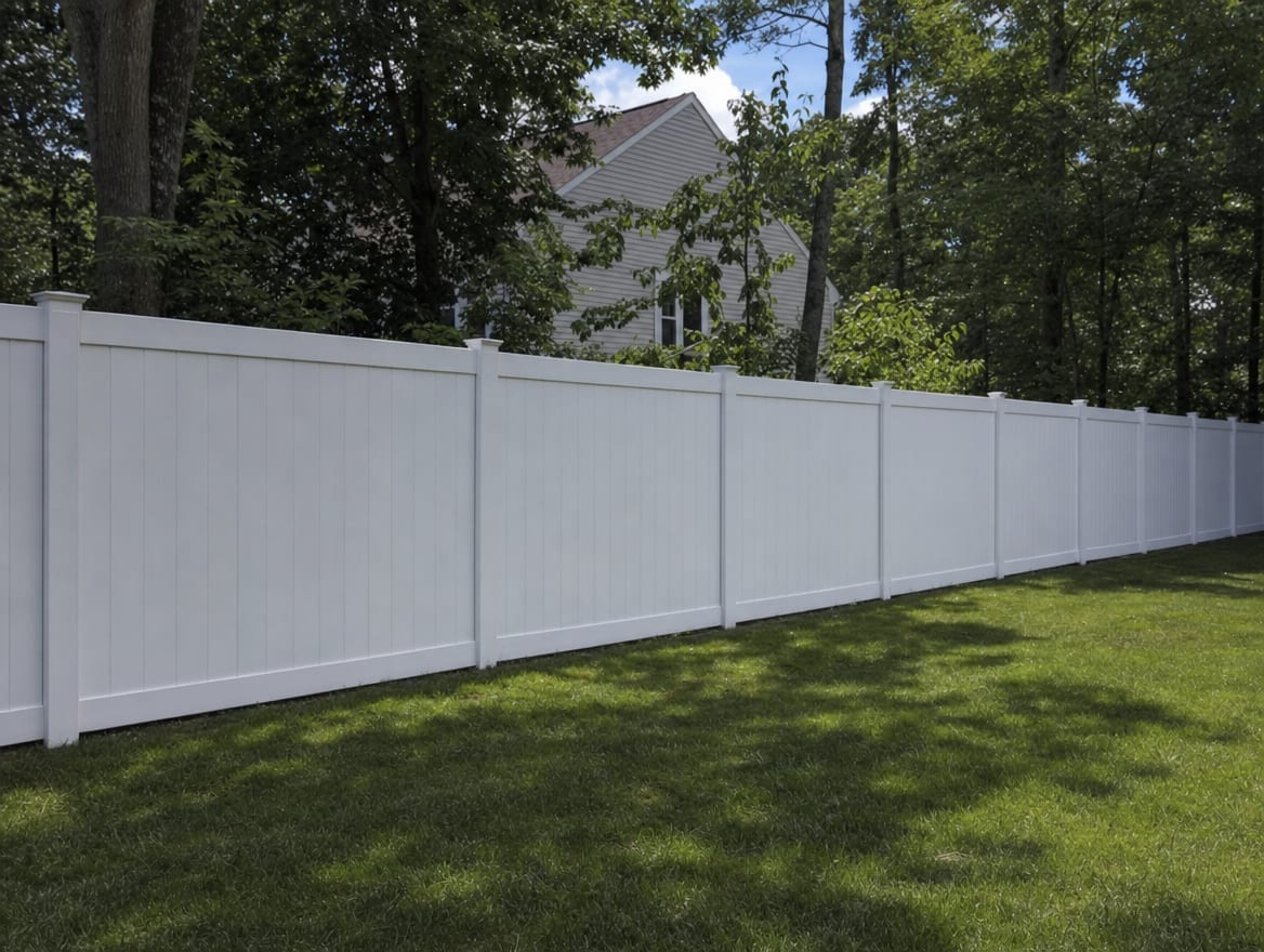 A full six foot tall white vinyl privacy fence running along a backyard property line in Bedford, NY