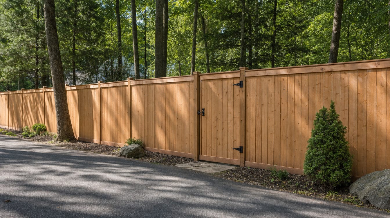 A full six foot tall wood privacy fence with a matching gate set into the run in Bedford, NY