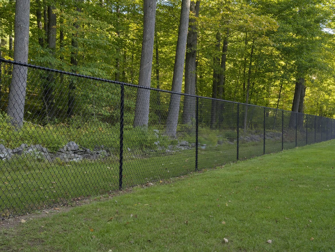 A black chain link fence running along a rear property line of a backyard in Bedford, NY