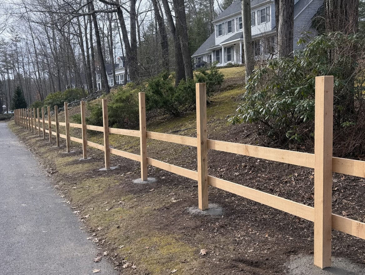A residential fence installation in progress with newly set posts in Bedford, NY