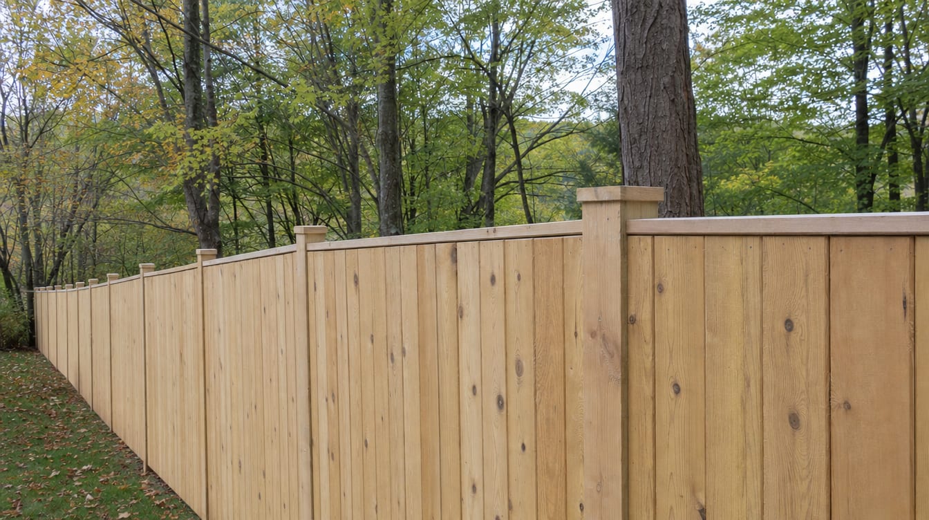 A close view of the top of a finished full six foot tall wood privacy fence with a clean flat post cap, the fence continuing along the property line out of frame in Bedford, NY