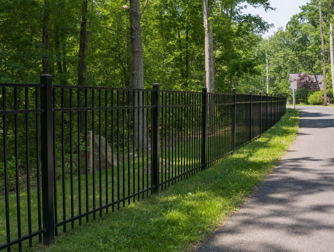 A black aluminum ornamental fence running along a front property line in Bethel, CT