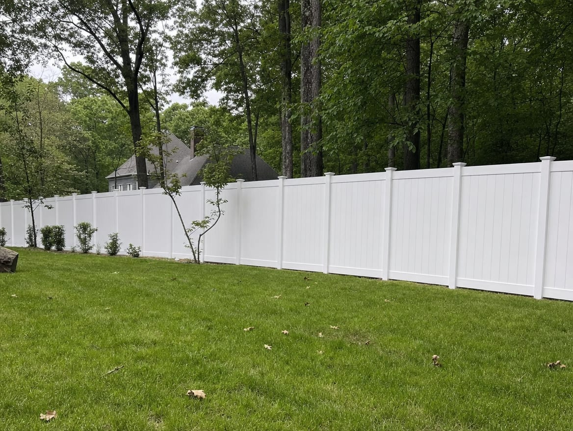 A full six foot tall white vinyl privacy fence running along a backyard property line in Bethel, CT