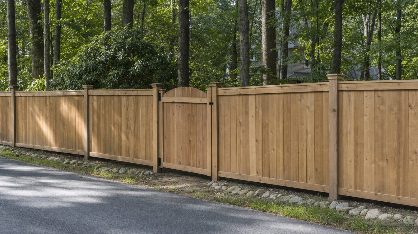A full six foot tall wood privacy fence with a matching gate set into the run in Bethel, CT