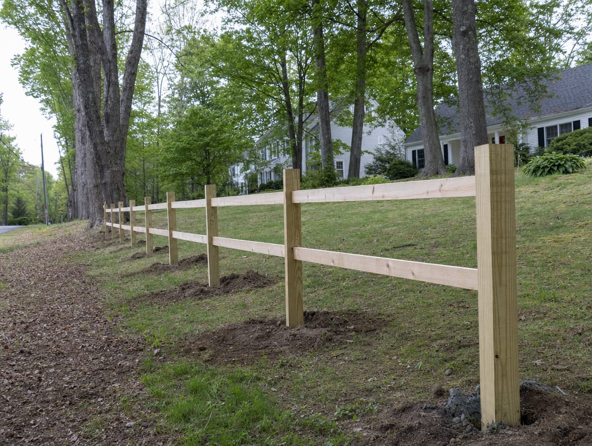 A residential fence installation in progress with newly set posts in Bethel, CT
