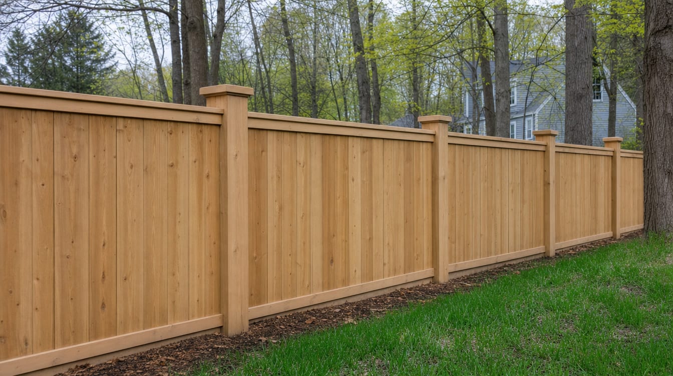 A close view of the top of a finished full six foot tall wood privacy fence with a clean flat post cap, the fence continuing along the property line out of frame in Bethel, CT