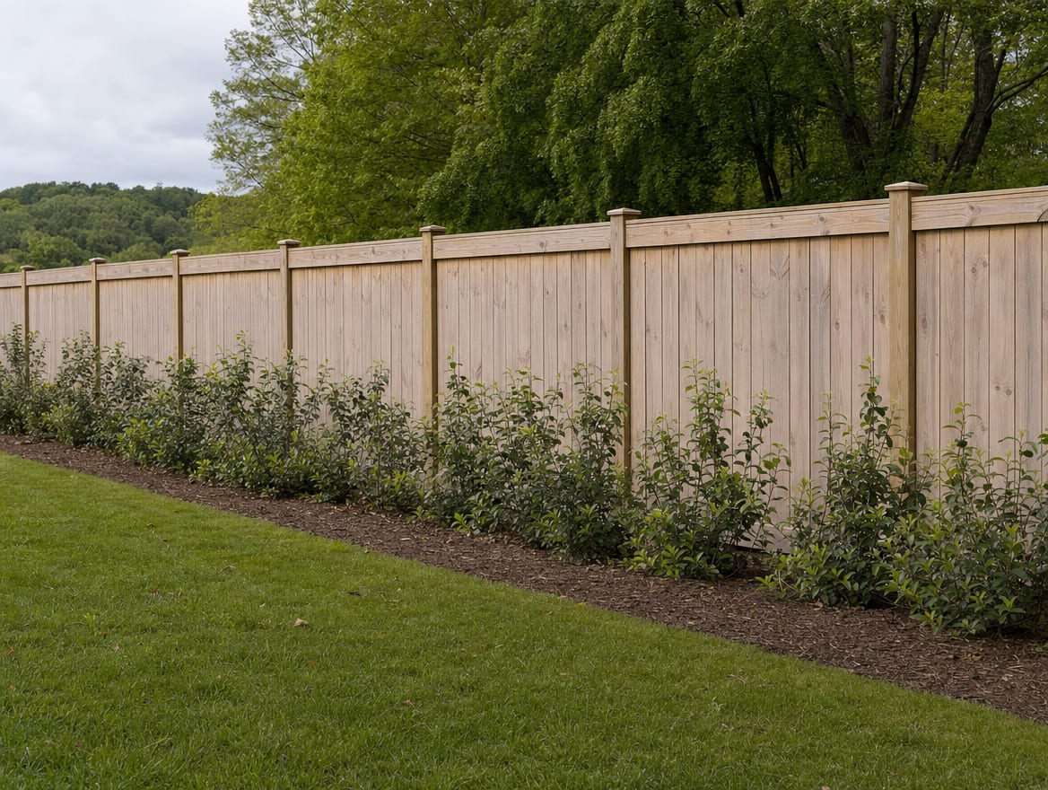 A full six foot tall wood privacy fence running along the back property line of a farmhouse yard in Bethlehem, CT