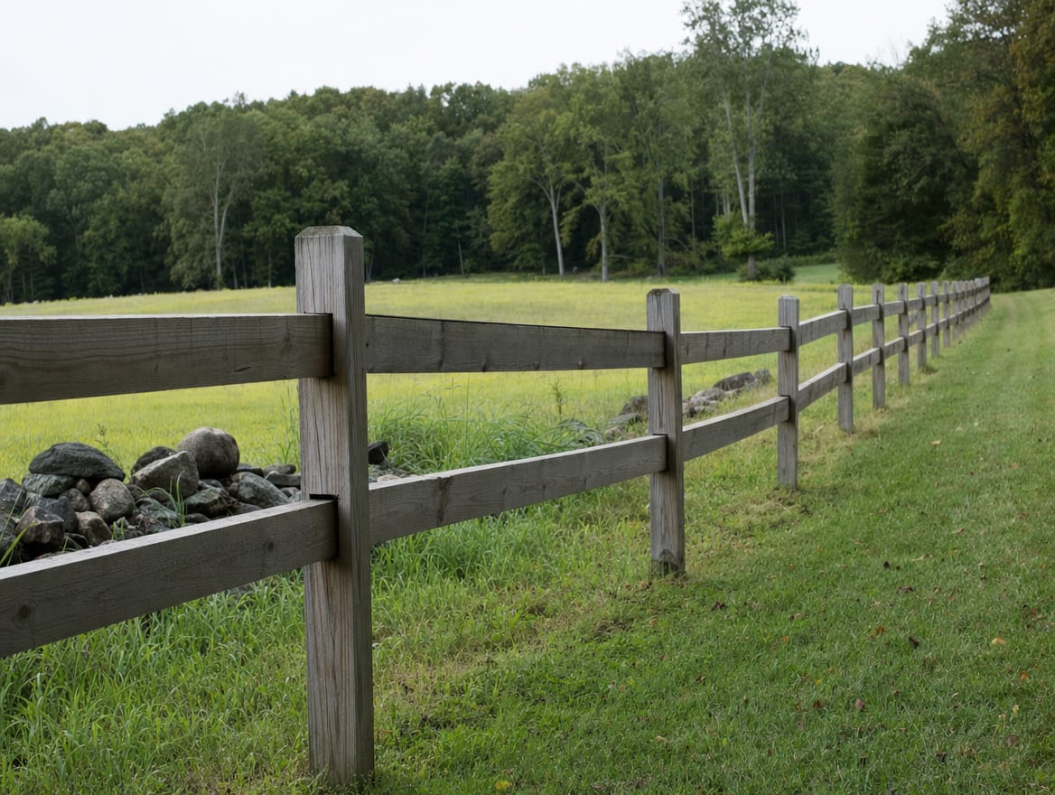 A wood split-rail or post-and-rail fence running along the edge of a field in Bethlehem, CT