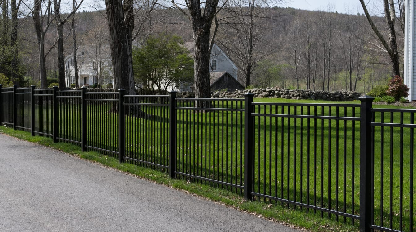 A black aluminum ornamental fence running along a front property line in Bethlehem, CT