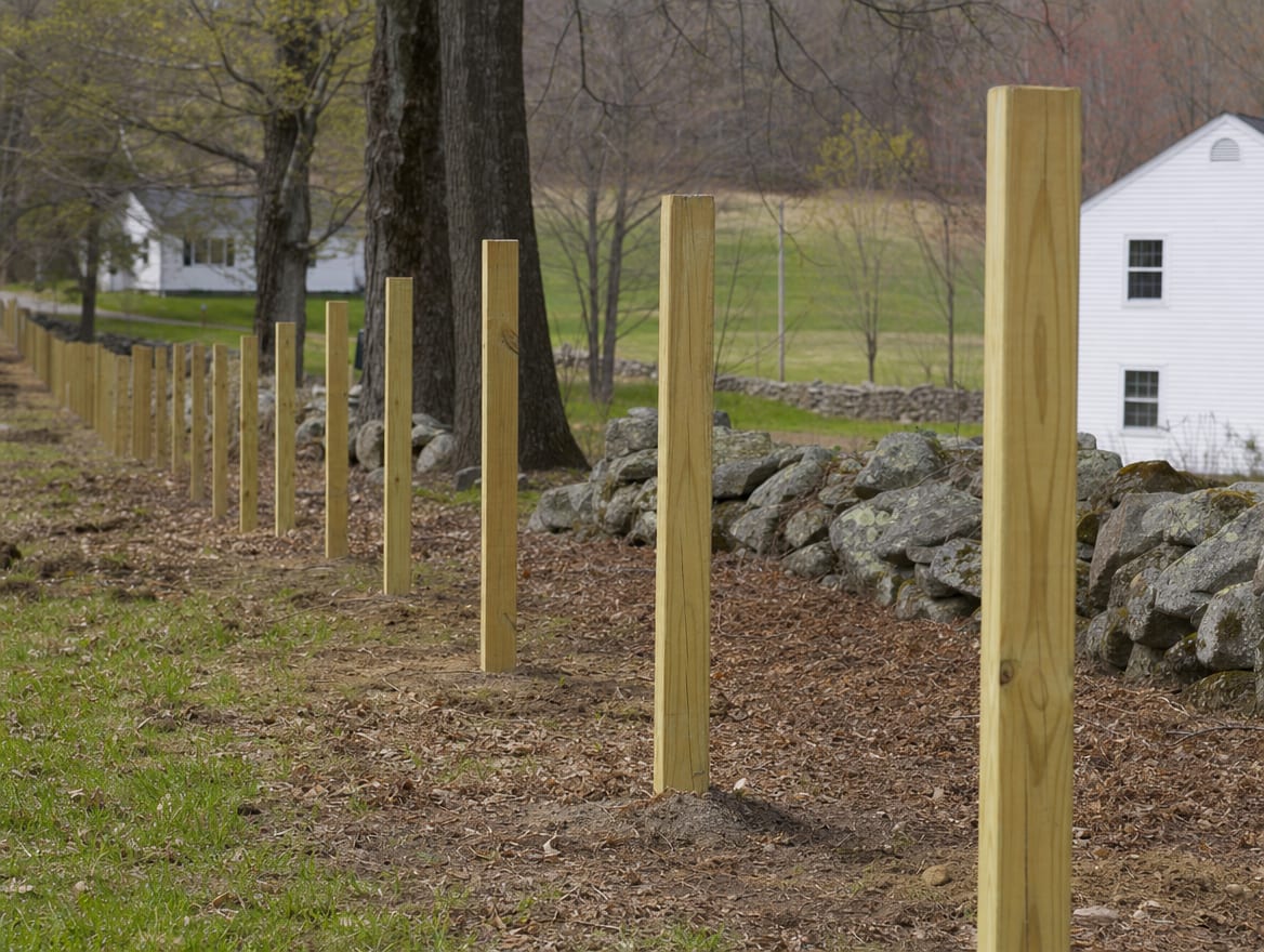 A fence installation in progress with newly set posts in Bethlehem, CT