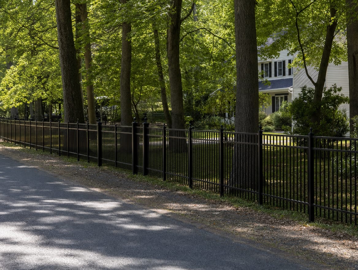 A black aluminum ornamental fence running along a front property line in Brewster, NY