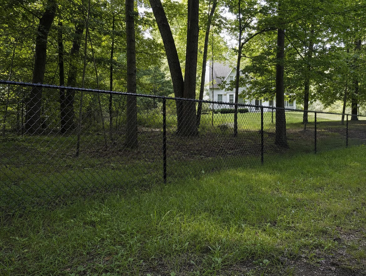 A black chain link fence running along a rear property line of a backyard in Brewster, NY