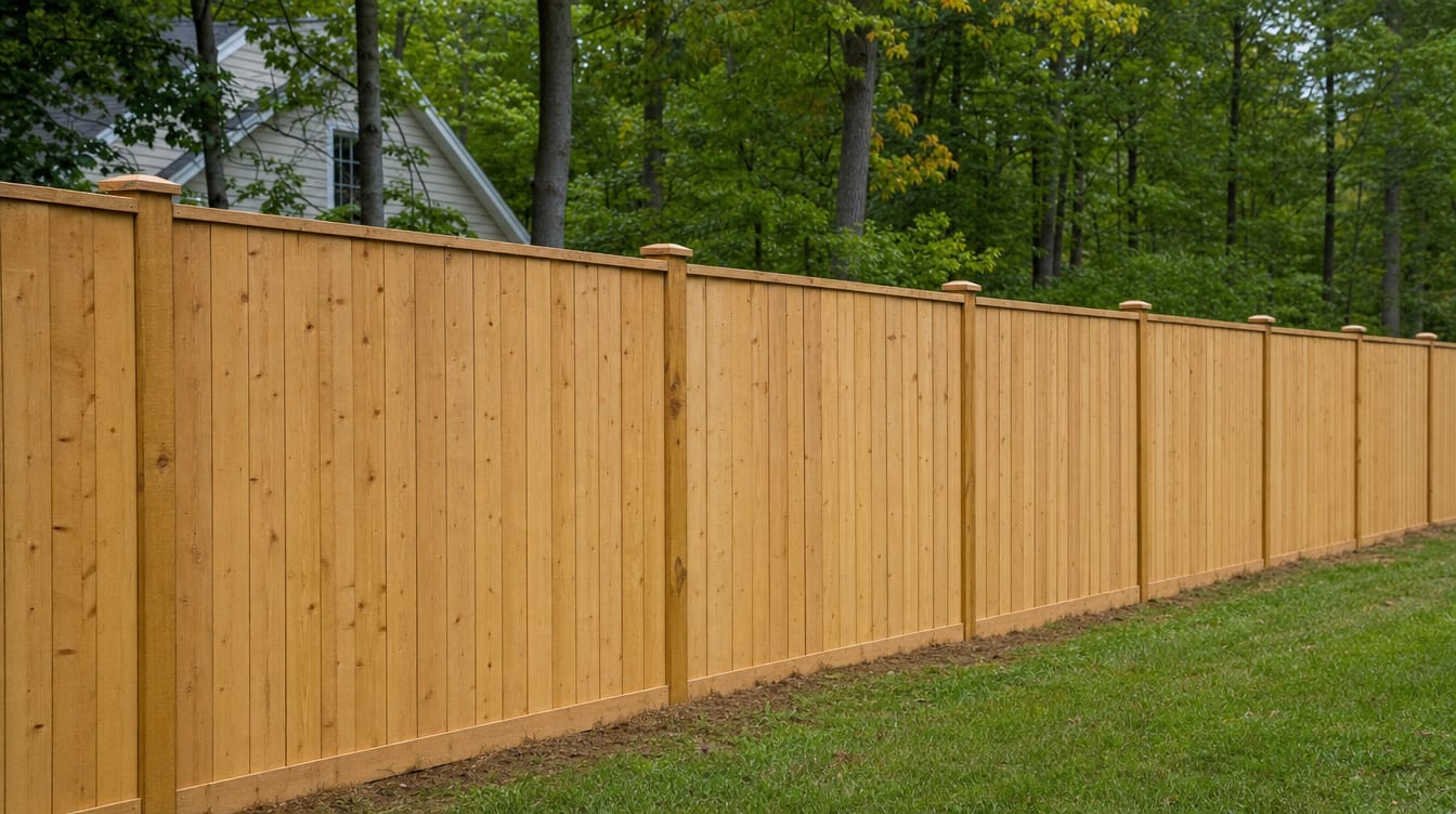 A close view of the top of a finished full six foot tall wood privacy fence with a clean flat post cap, the fence continuing along the property line out of frame in Brewster, NY