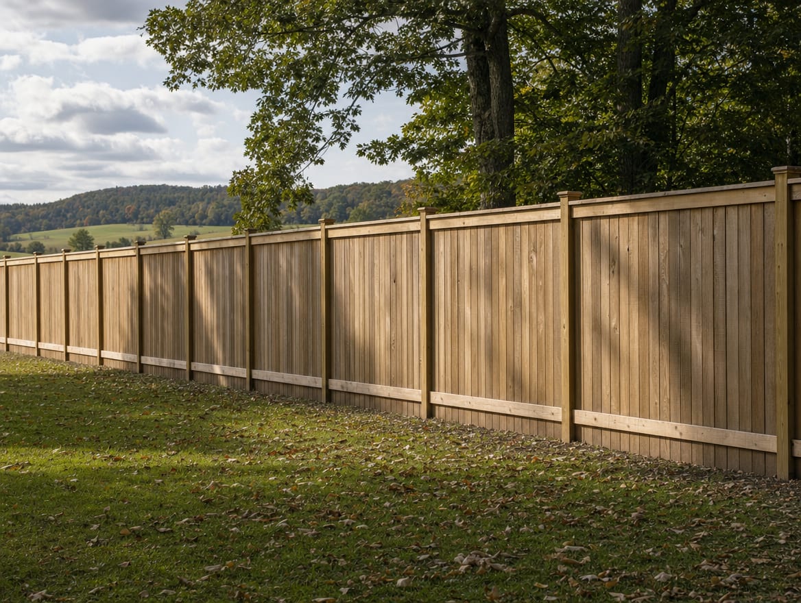 A full six foot tall wood privacy fence running along the back property line of a farmhouse yard in Bridgewater, CT