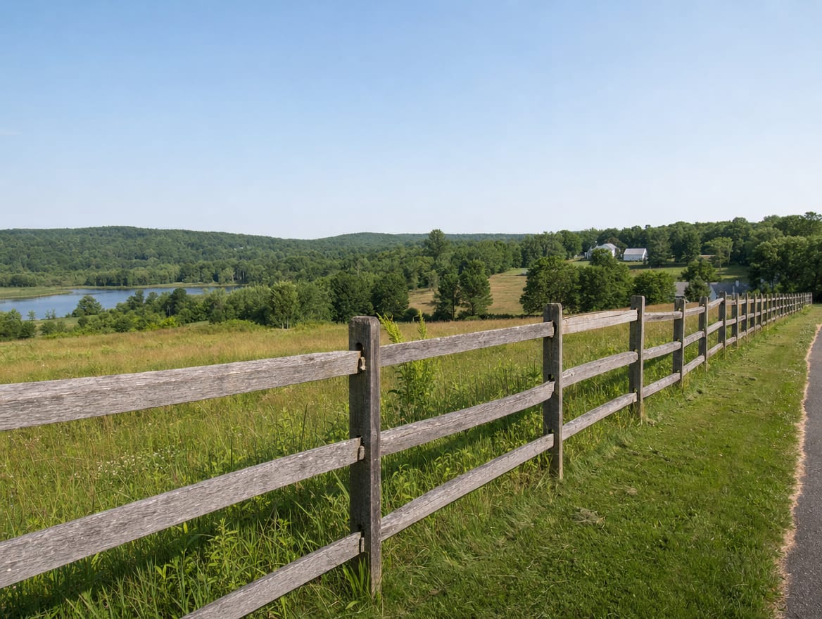 A wood split-rail or post-and-rail fence running along the edge of a field in Bridgewater, CT