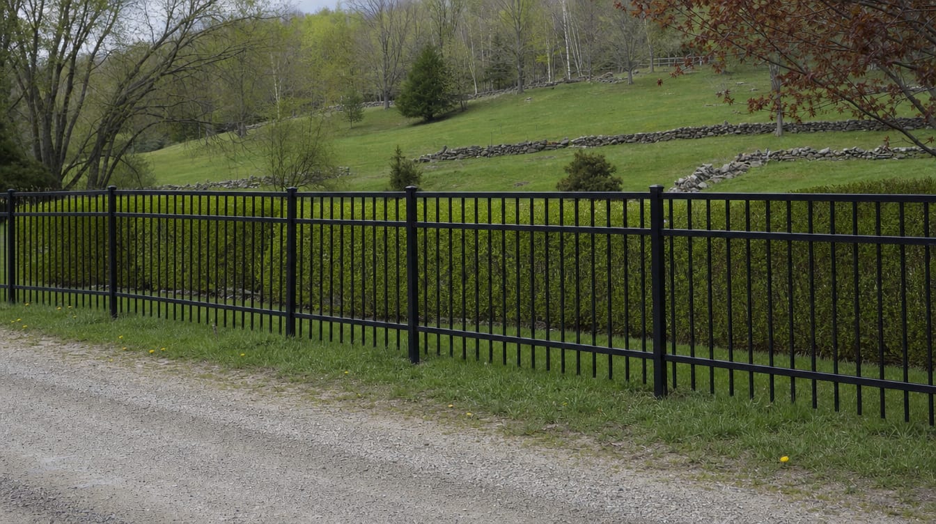 A black aluminum ornamental fence running along a front property line in Bridgewater, CT