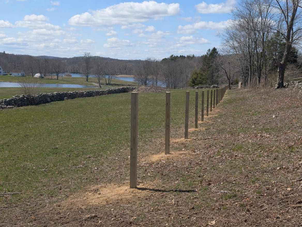 A fence installation in progress with newly set posts in Bridgewater, CT