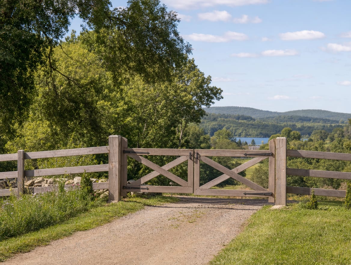A wood driveway gate set into a fence at the entrance of a country property in Bridgewater, CT