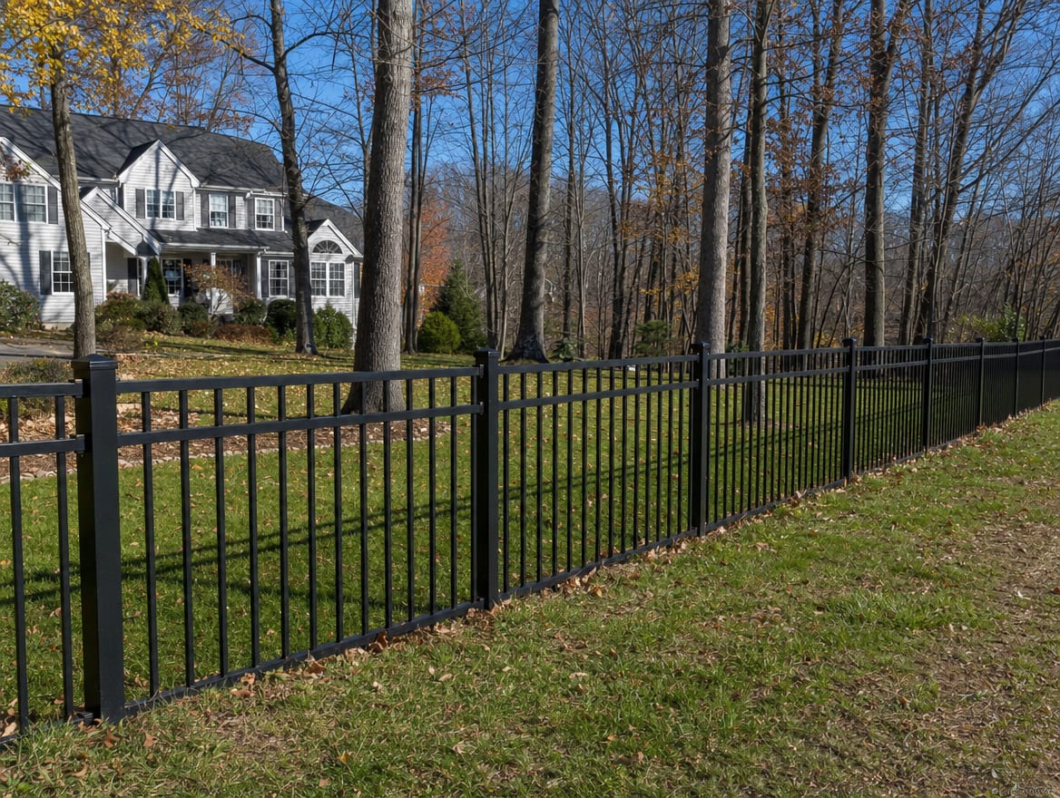 A black aluminum ornamental fence running along a front property line in Brookfield, CT
