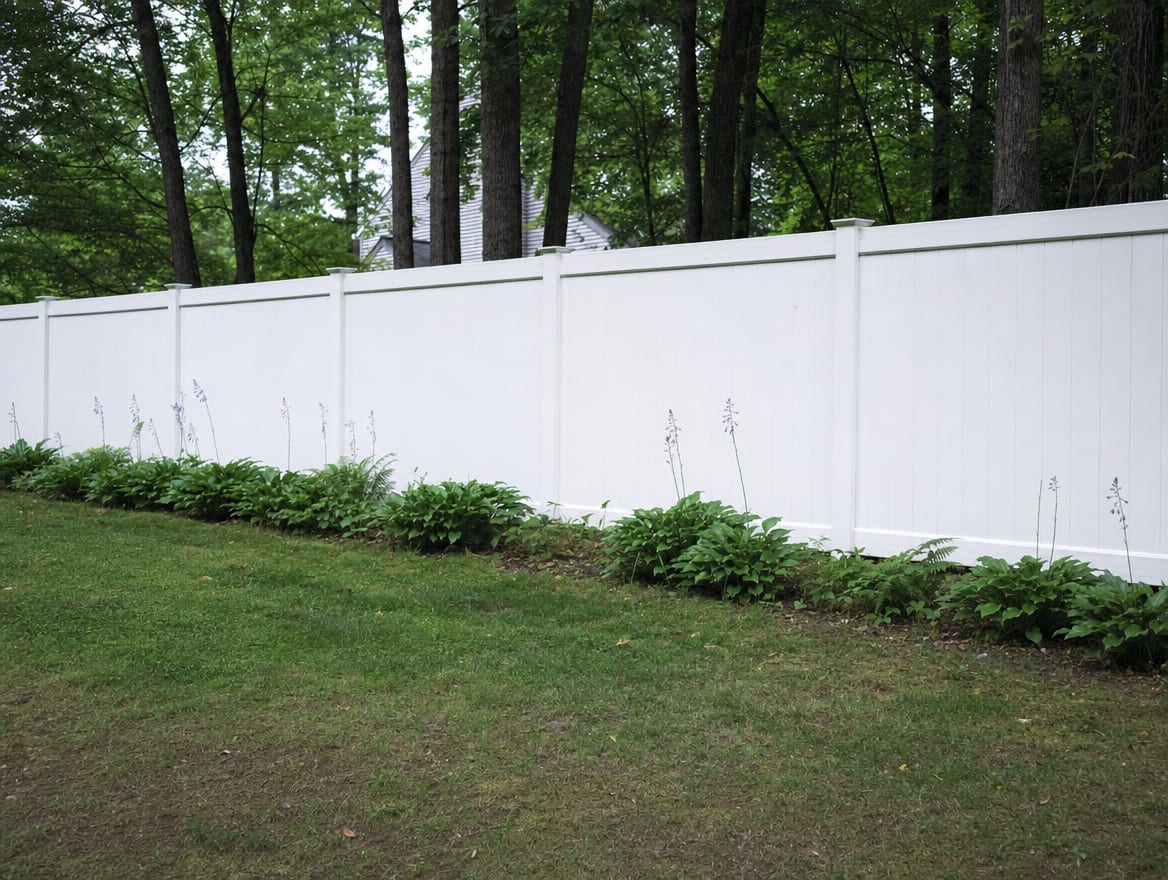 A full six foot tall white vinyl privacy fence running along a backyard property line in Brookfield, CT