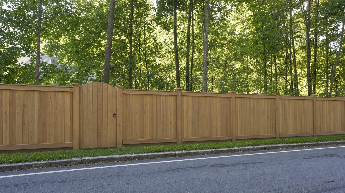A full six foot tall wood privacy fence with a matching gate set into the run in Brookfield, CT