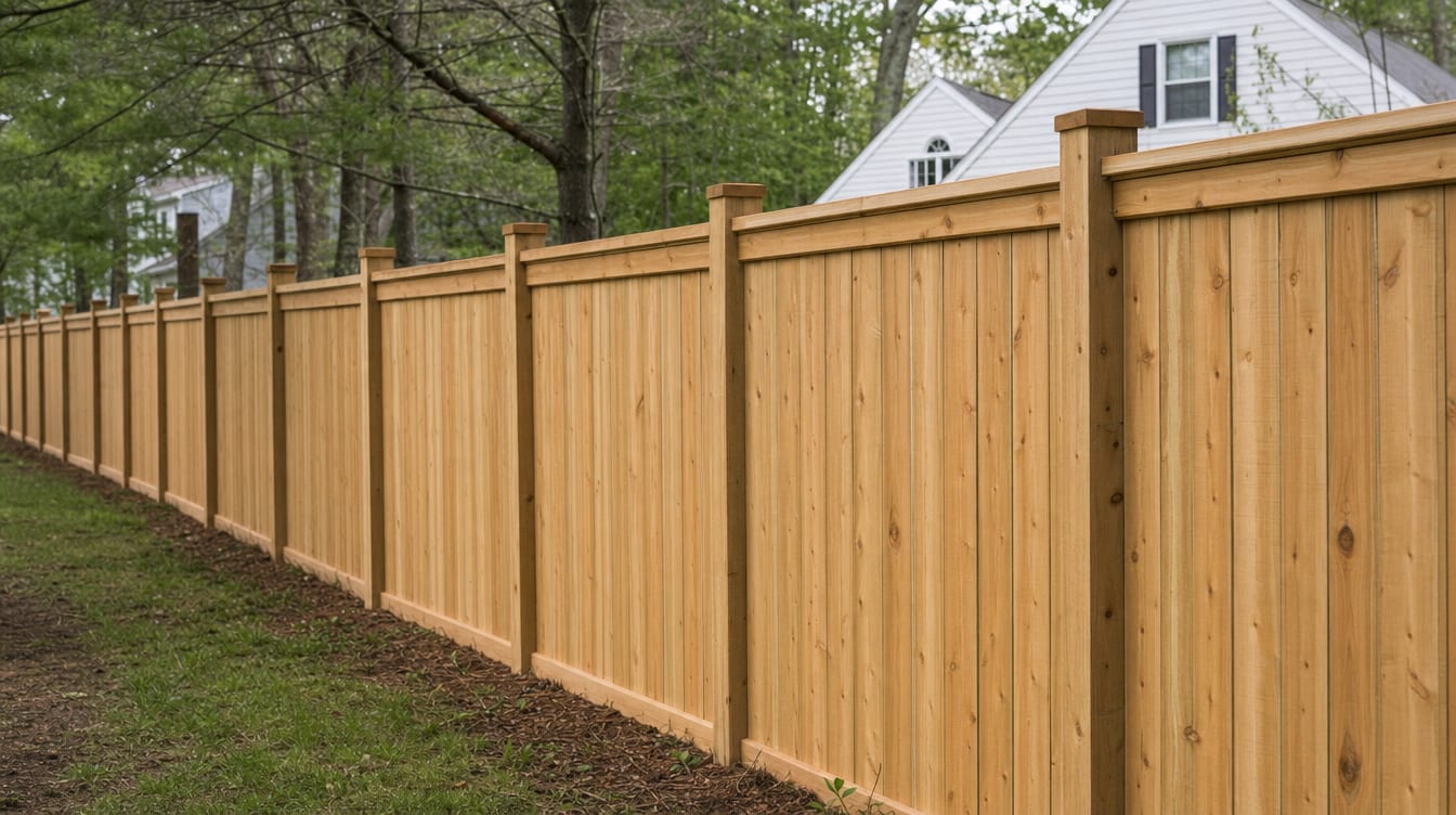 A close view of the top of a finished full six foot tall wood privacy fence with a clean flat post cap, the fence continuing along the property line out of frame in Brookfield, CT