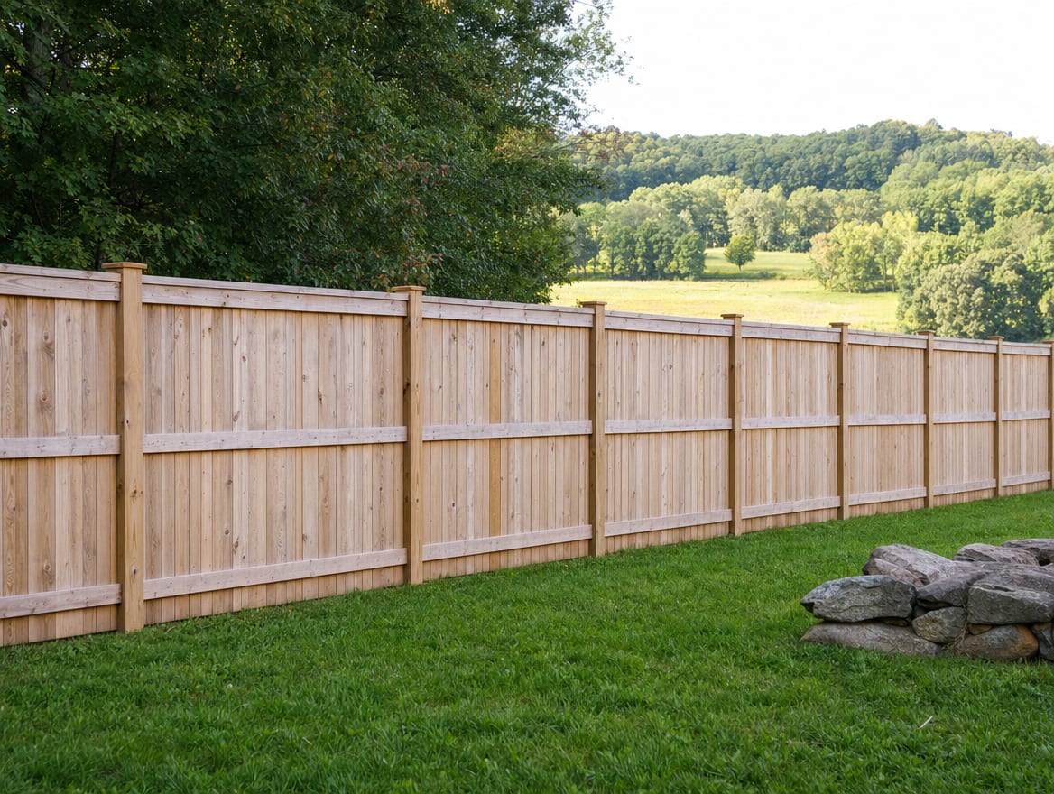 A full six foot tall wood privacy fence running along the back property line of a farmhouse yard in Canaan, CT