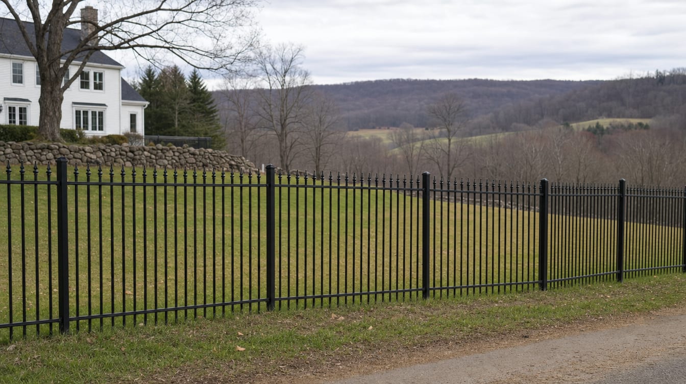 A black aluminum ornamental fence running along a front property line in Canaan, CT