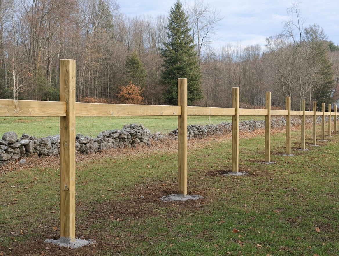 A fence installation in progress with newly set posts in Canaan, CT