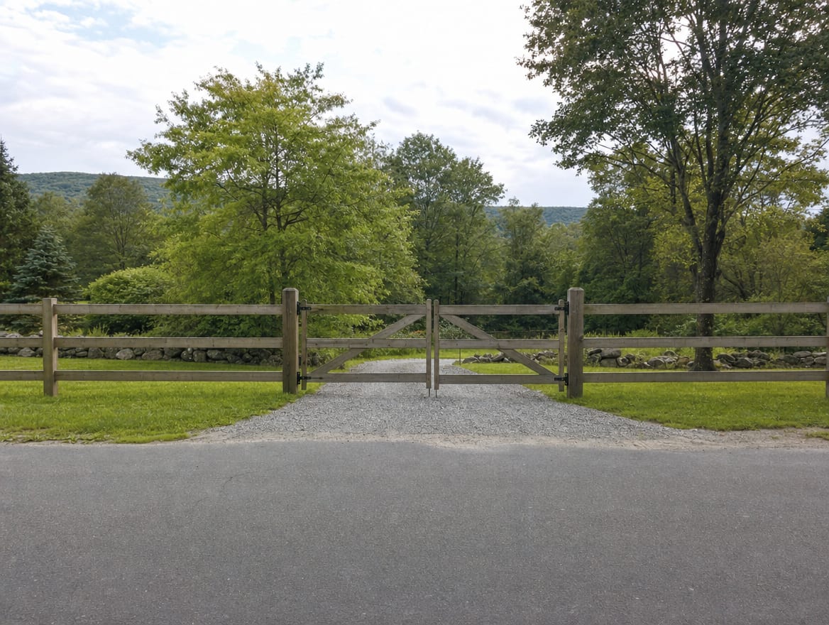 A wood driveway gate set into a fence at the entrance of a country property in Canaan, CT