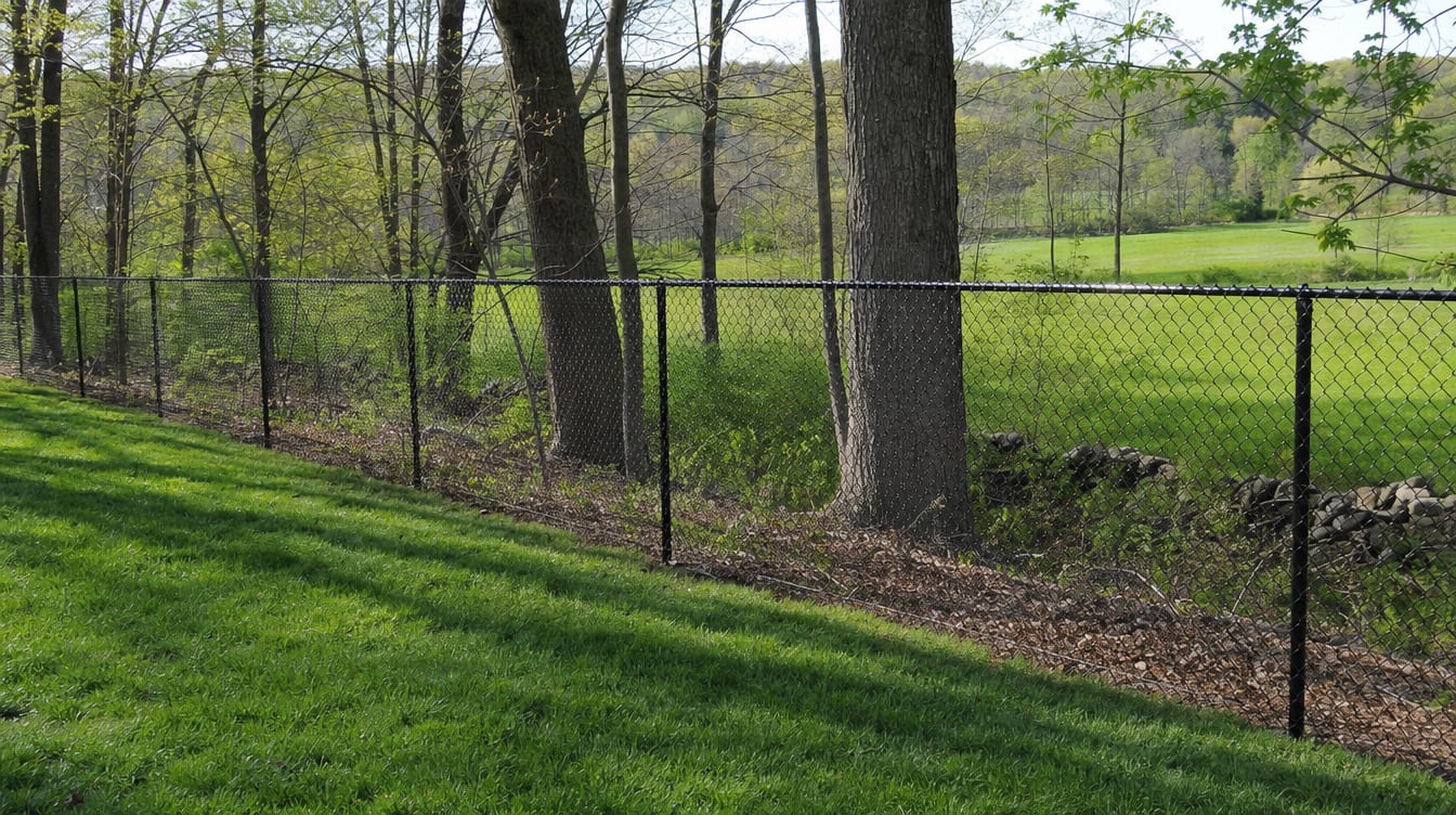 A chain link fence running along a rear property line of a backyard in Canaan, CT