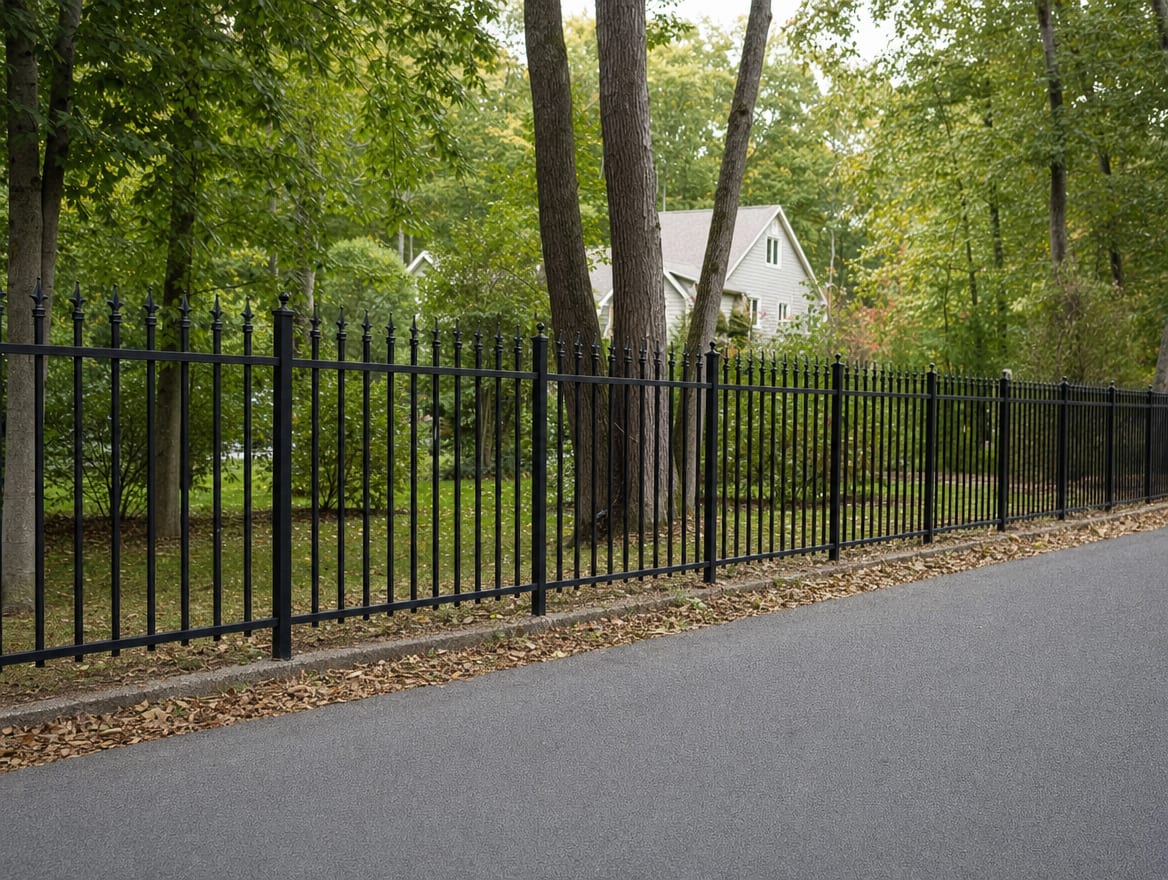 A black aluminum ornamental fence running along a front property line in Carmel, NY