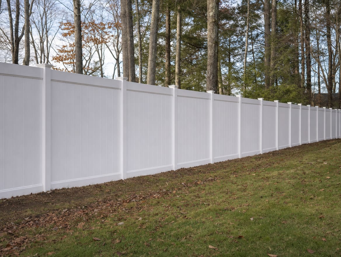 A full six foot tall white vinyl privacy fence running along a backyard property line in Carmel, NY
