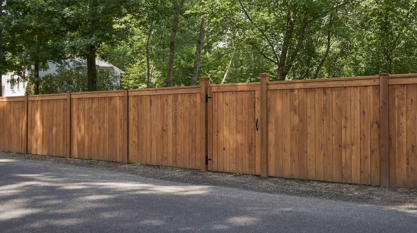 A full six foot tall wood privacy fence with a matching gate set into the run in Carmel, NY