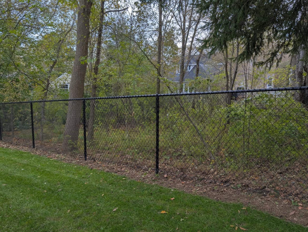 A black chain link fence running along a rear property line of a backyard in Carmel, NY