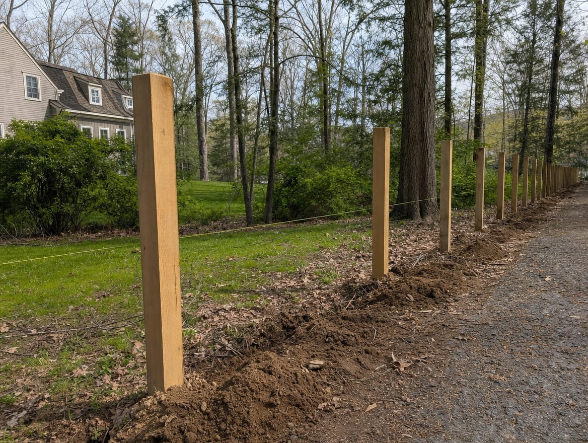 A residential fence installation in progress with newly set posts in Carmel, NY