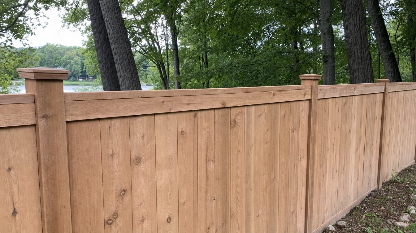 A close view of the top of a finished full six foot tall wood privacy fence with a clean flat post cap, the fence continuing along the property line out of frame in Carmel, NY