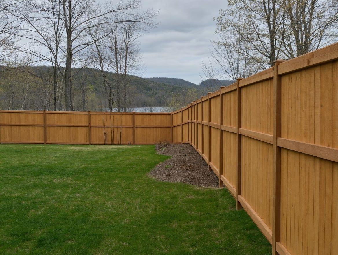 A full six foot tall wood privacy fence running along the back property line of a farmhouse yard in Cornwall, CT