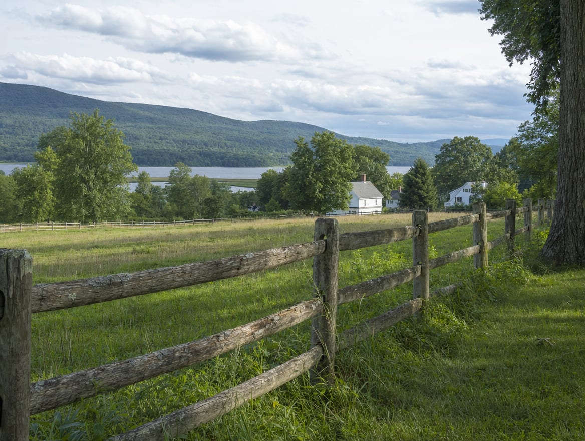 A wood split-rail or post-and-rail fence running along the edge of a field in Cornwall, CT