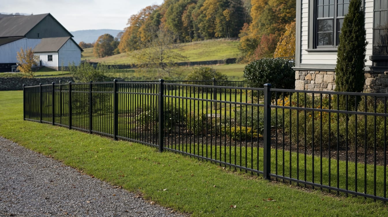 A black aluminum ornamental fence running along a front property line in Cornwall, CT