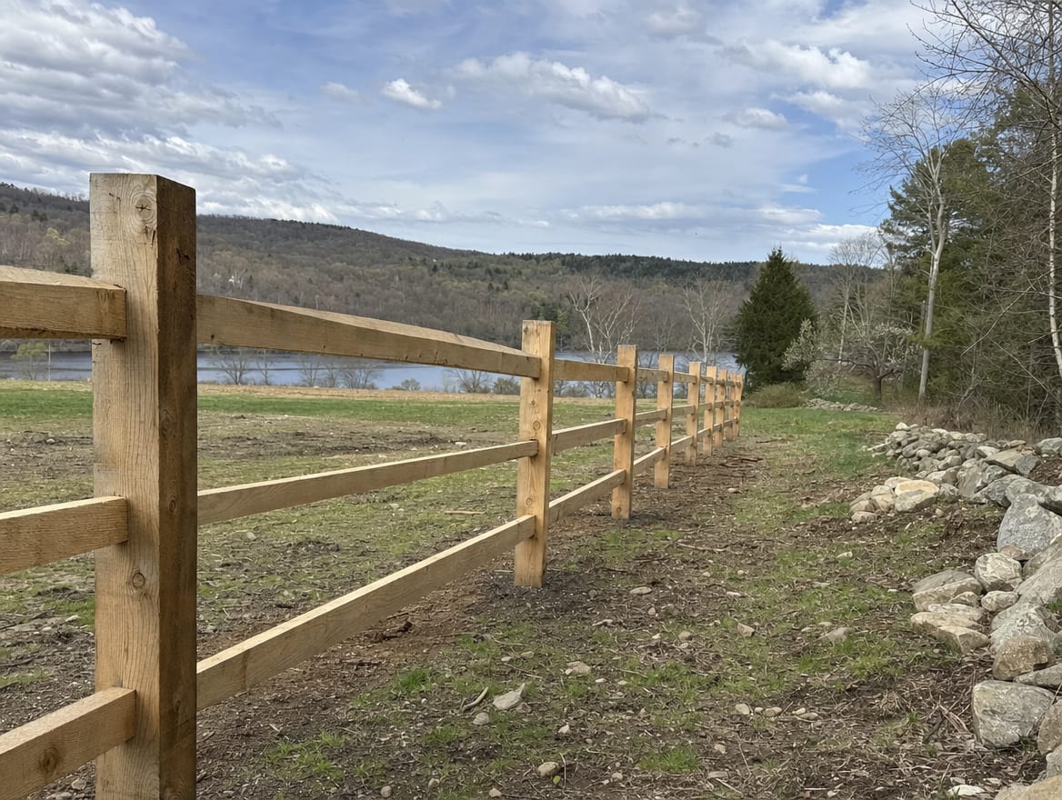 A fence installation in progress with newly set posts in Cornwall, CT