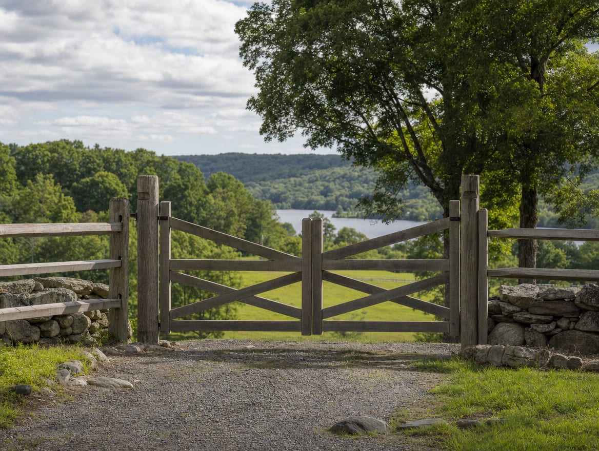 A wood driveway gate set into a fence at the entrance of a country property in Cornwall, CT