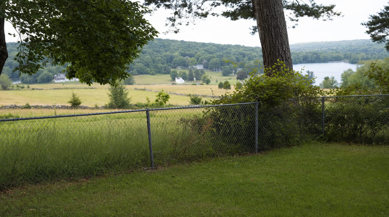 A chain link fence running along a rear property line of a backyard in Cornwall, CT