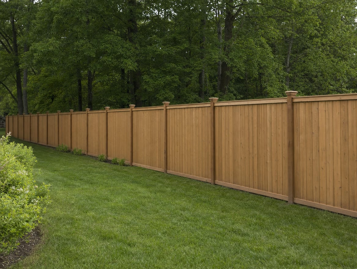 A full six foot tall wood privacy fence running along the back property line of a farmhouse yard in Cross River, NY