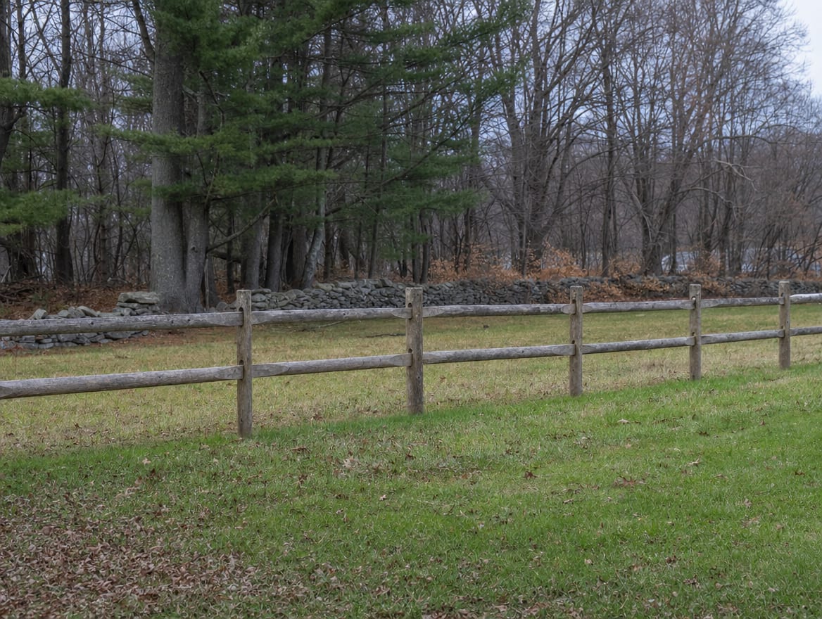 A wood split-rail or post-and-rail fence running along the edge of a field in Cross River, NY